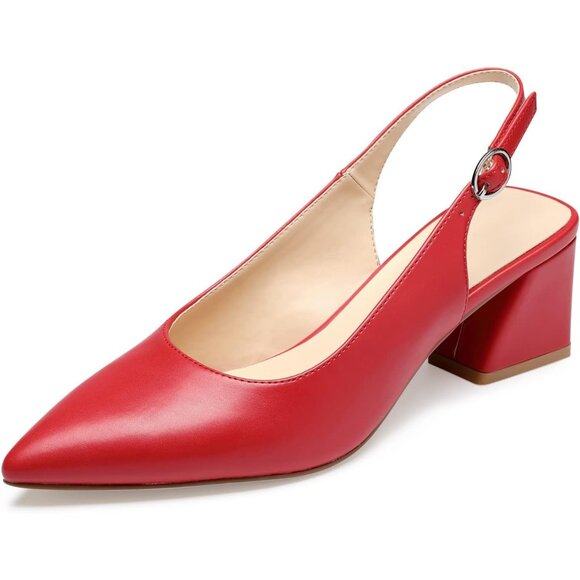Women Slingback Red Toe Block Heel Pumps Low Heel Office Wedding Dress Shoes - Picture 1 of 5